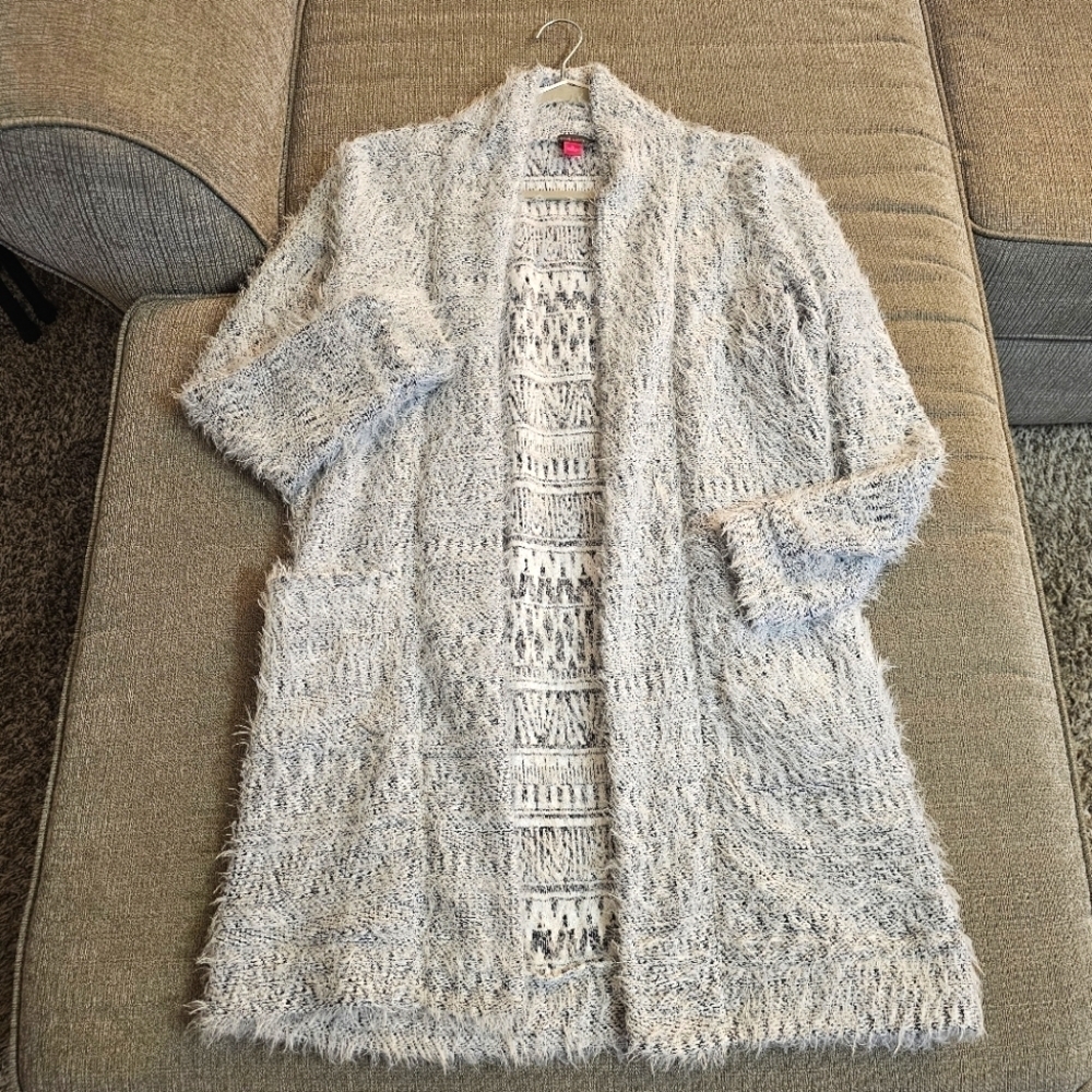 Vince Camuto Gray Eyelash Textured Open Front Boho Longline Cardigan Small